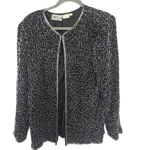 Vintage 90s Swee Lo Black‎ Beaded Sequined Open Front Jacket Blazer S 12 Evening